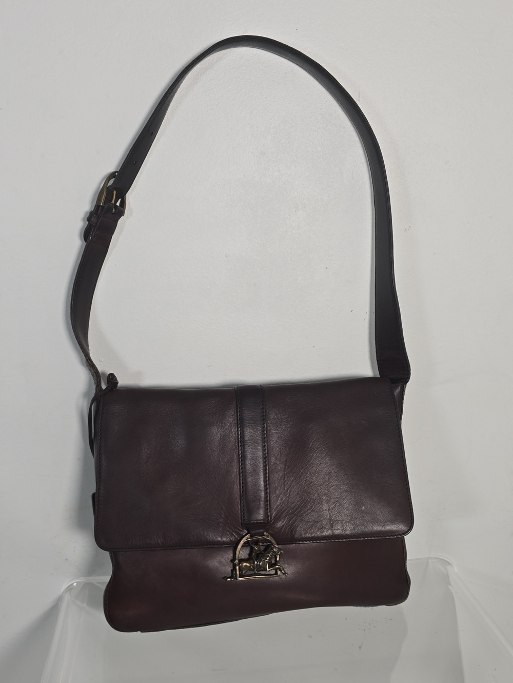 Vtg Ralph Lauren Equestrian  Leather Horse Bit Clasp Messenger Bag in Dark Brown